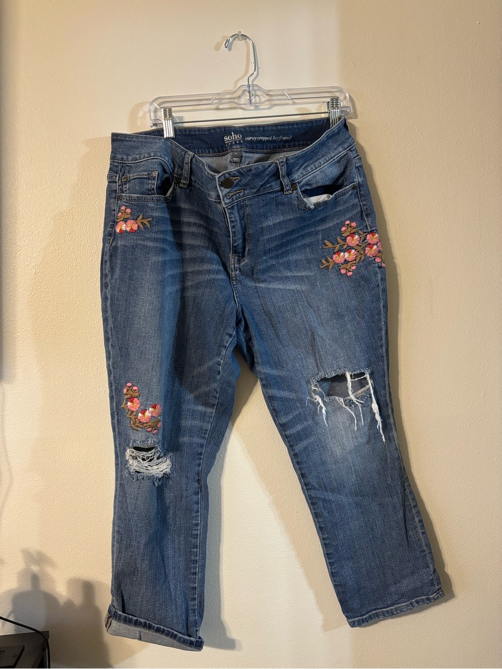 New York & Company Embroidered Distressed Blue Jeans with Pink Floral Accents